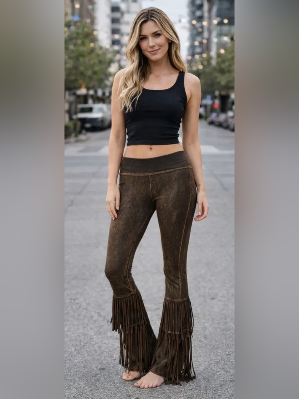 T Party Brown mineral wash Fringe flare-Leg Stretch yoga Pants size M - Picture 2 of 15